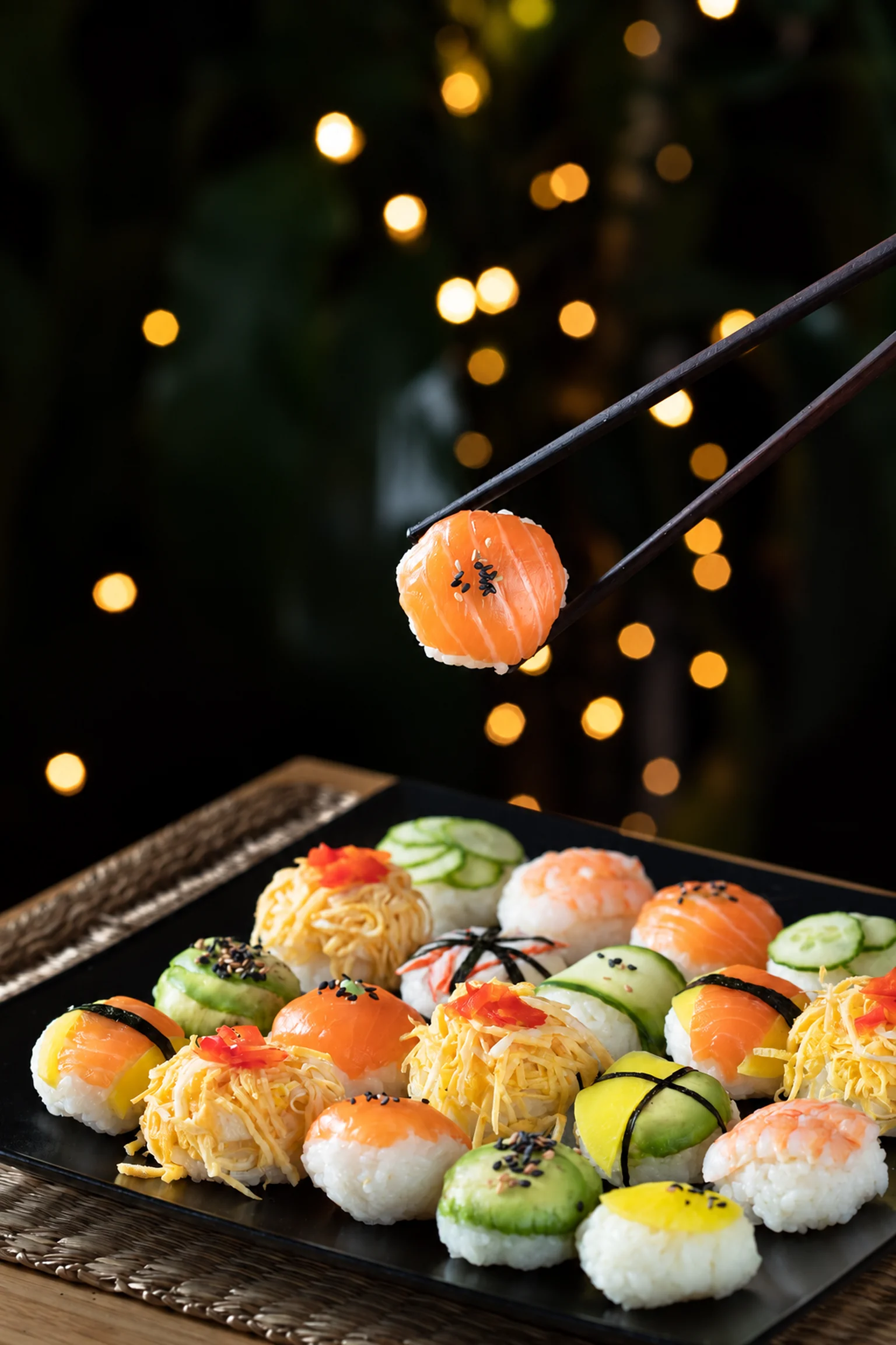 Sushi on a black dish — illustration